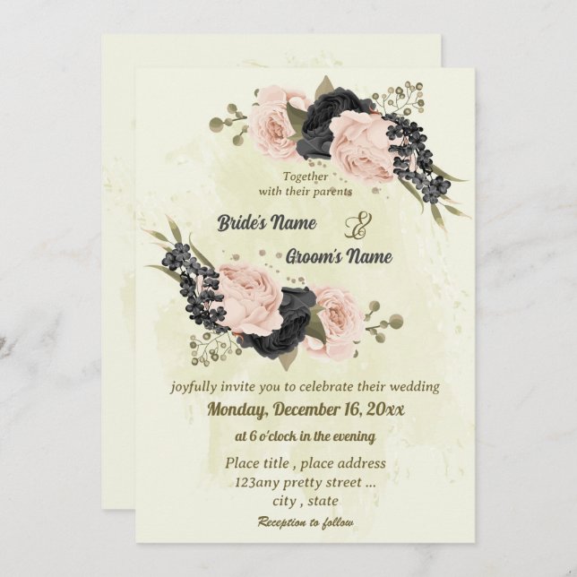 Invitación boda botánico de flores rosadas negras (Anverso / Reverso)
