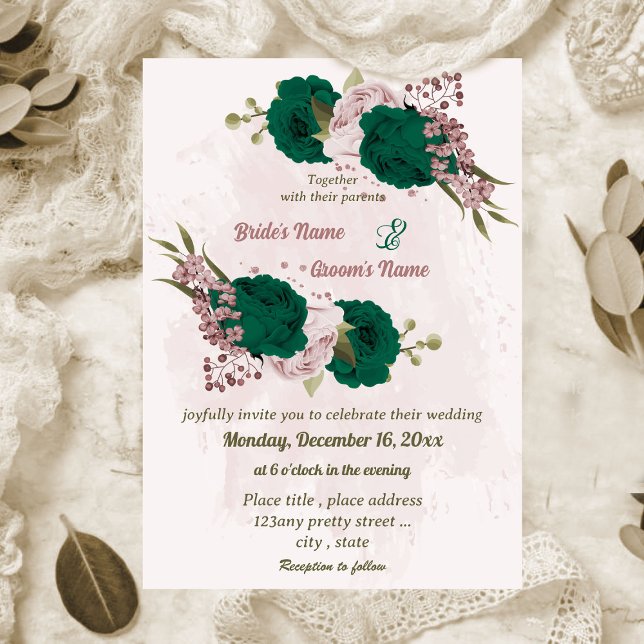 Invitación boda botánico de flores rosadas verdes esmeraldas (Subido por el creador)