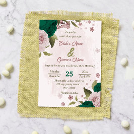 Invitación boda botánico de flores rosadas verdes esmeraldas