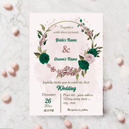 Invitación boda botánico de flores rosadas verdes esmeraldas