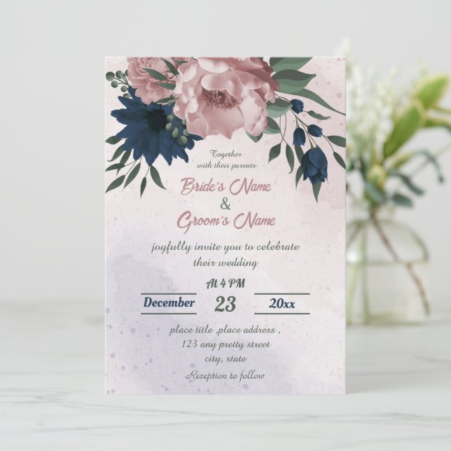 Invitación boda botánico de flores rosadas y marinas (Anverso de pie)