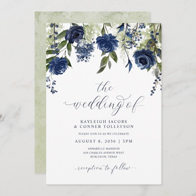 Invitación Boda botánico de flores silvestres azul de la mari (Anverso / Reverso)