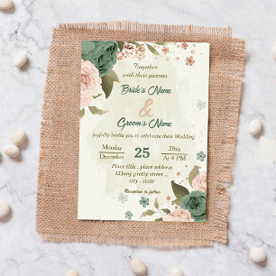 Invitación boda botánico de flores verdes de color verde sage