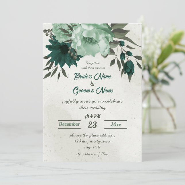Invitación boda botánico de flores verdes esmeraldas (Anverso de pie)