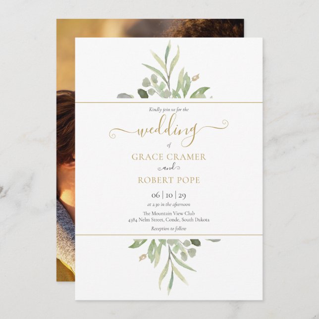 Invitación Boda Botánico de Greenery Photo Gold Script (Anverso / Reverso)