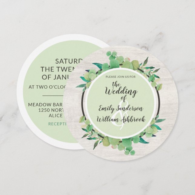Invitación Boda botánico de hojas de maderas rusticas y eucal (Anverso / Reverso)