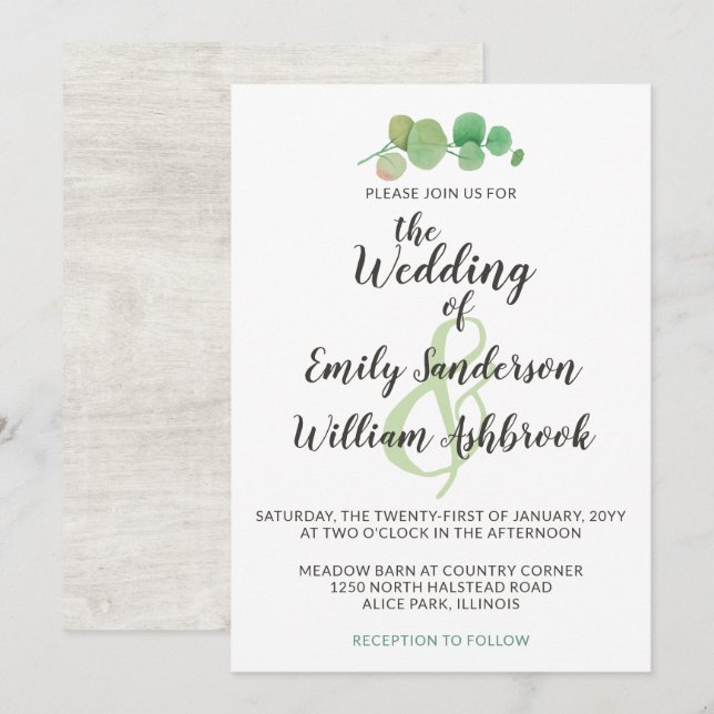 Invitación Boda botánico de hojas de maderas rusticas y eucal (Anverso / Reverso)