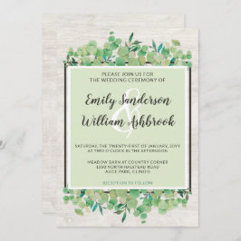 Invitación Boda botánico de hojas de maderas rusticas y eucal