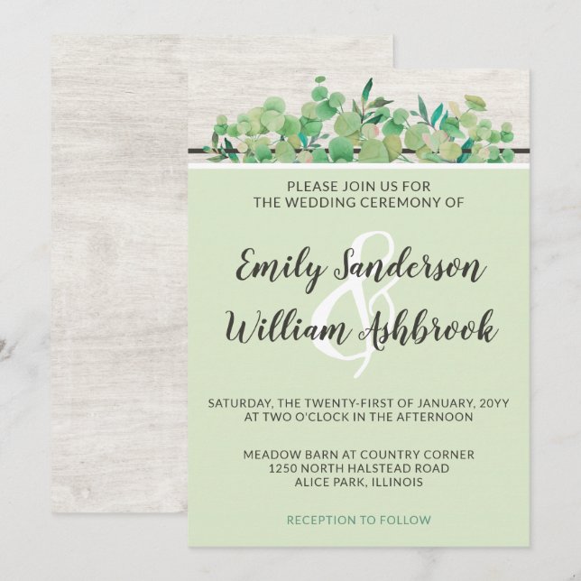 Invitación Boda botánico de hojas de maderas rusticas y eucal (Anverso / Reverso)
