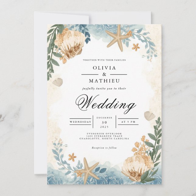 Invitación Boda botánico de la concha costera (Anverso)