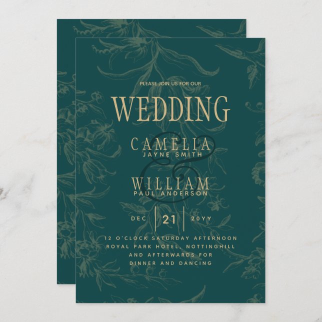 Invitación Boda botánico de la cosecha de oro verde esmeralda (Anverso / Reverso)