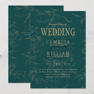 Invitación Boda botánico de la cosecha de oro verde esmeralda