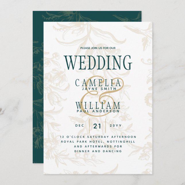 Invitación Boda botánico de la cosecha de oro verde esmeralda (Anverso / Reverso)