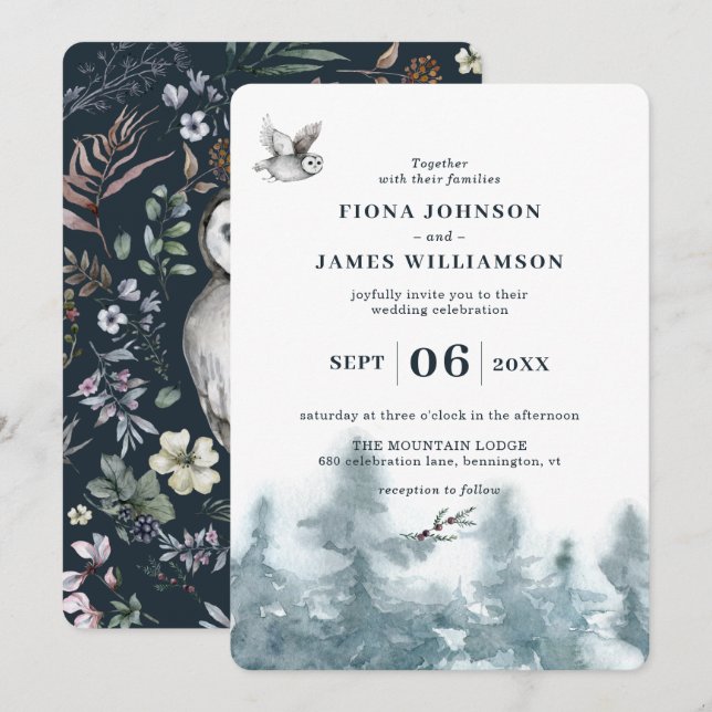 Invitación Boda botánico de la lechuza de Woodland Watercolor (Anverso / Reverso)
