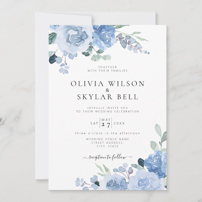 Invitación Boda botánico de la luz azul dulce (Anverso)