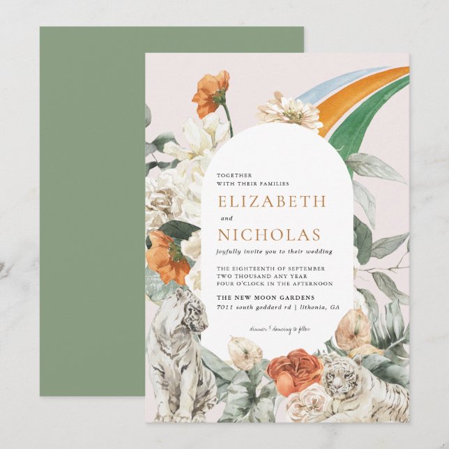 Invitación Boda botánico de la vegetación floral de Retro Boh (Anverso / Reverso)