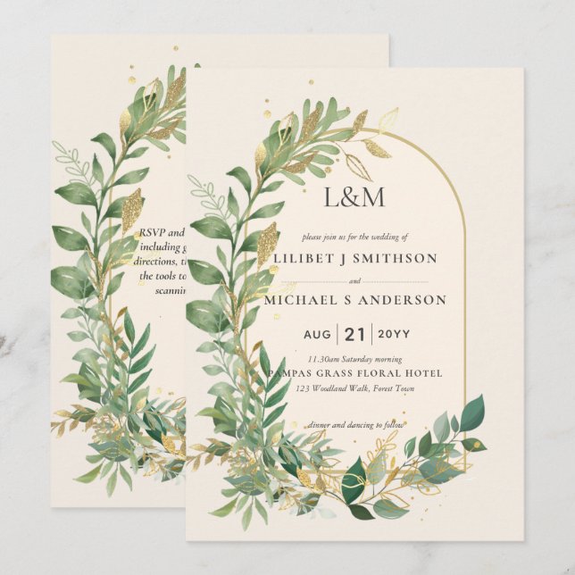 Invitación Boda botánico de la verde crema moderna (Anverso / Reverso)