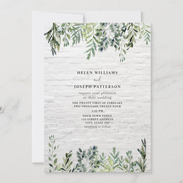 Invitación Boda Botánico de Ladrillo Blanco (Anverso)