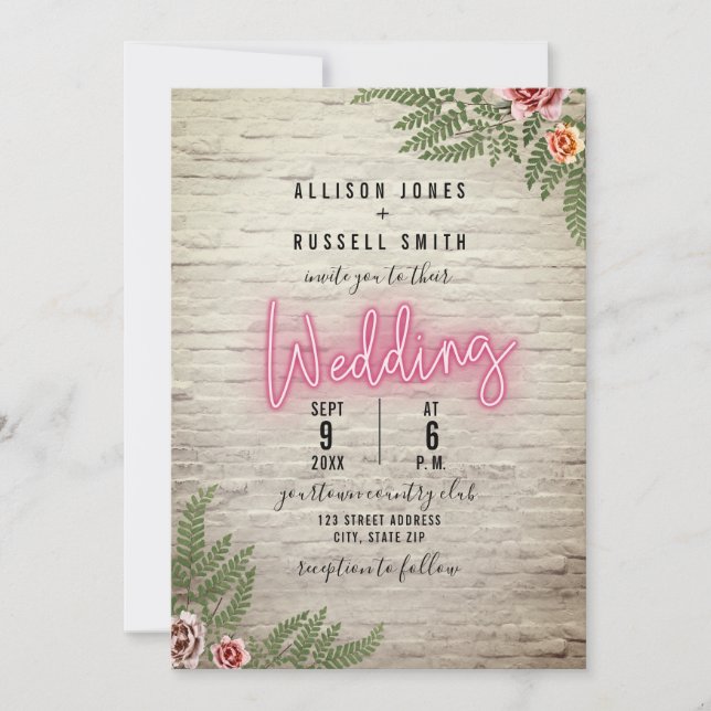 Invitación Boda botánico de ladrillo blanco de Rótulo Neon (Anverso)