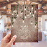 Invitación Boda botánico de ladrillo rústico de lámparas de é<br><div class="desc">Luces antiguas de Edison con vegetación botánica colgando de la parte superior sobre fondo de ladrillo templado.</div>