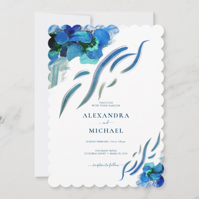 Invitación Boda Botánico de las Flores de Iris Azul de Verdor (Anverso)