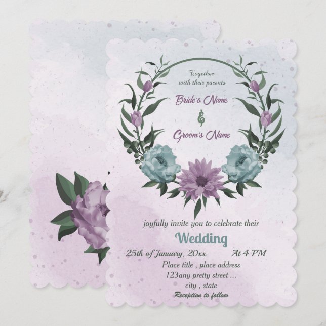 Invitación boda botánico de las flores moradas azules (Anverso / Reverso)