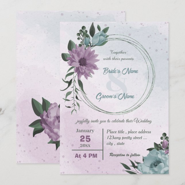 Invitación boda botánico de las flores moradas azules (Anverso / Reverso)