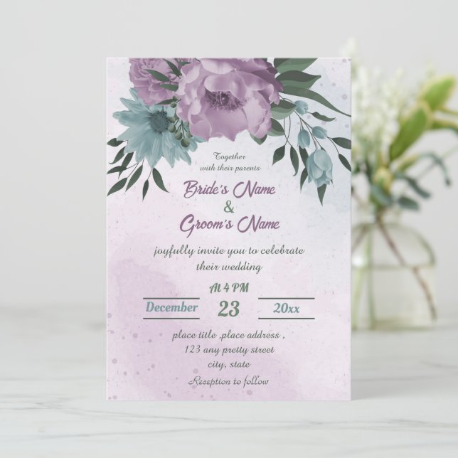 Invitación boda botánico de las flores moradas azules (Anverso de pie)