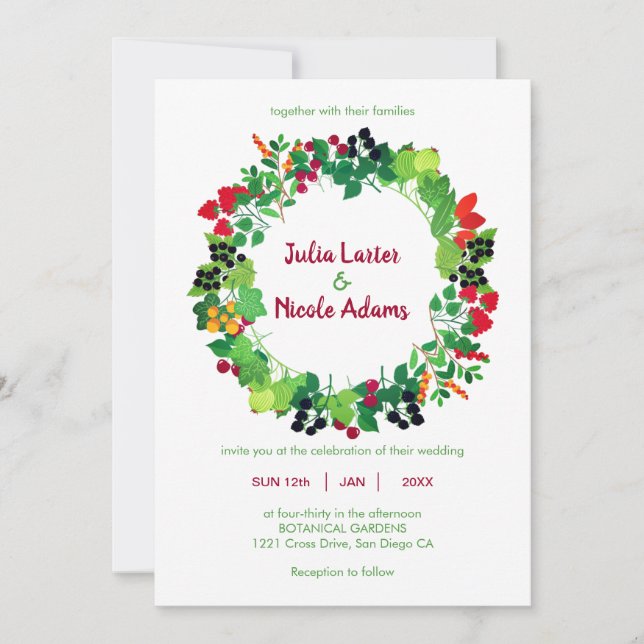 Invitación Boda botánico de las flores rojas negras de frutas (Anverso)