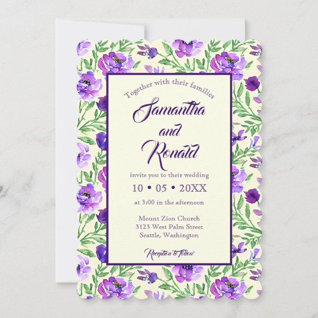 Invitación Boda botánico de lavanda acuarela (Anverso)