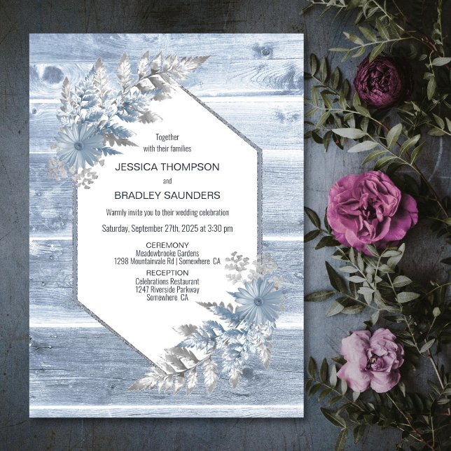 Invitación Boda botánico de madera azul turquesa rústica (Subido por el creador)