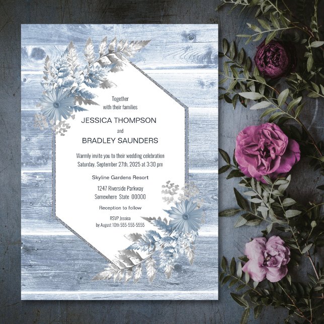 Invitación Boda botánico de madera azul turquesa rústica (Subido por el creador)