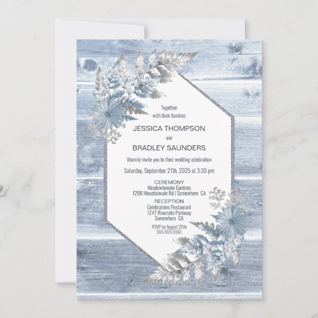 Invitación Boda botánico de madera azul turquesa rústica (Anverso)