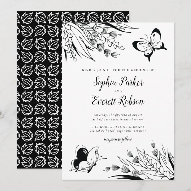 Invitación Boda botánico de mariposa de tinta blanca negra (Anverso / Reverso)