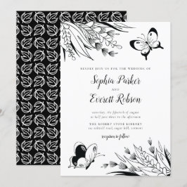 Invitación Boda botánico de mariposa de tinta blanca negra