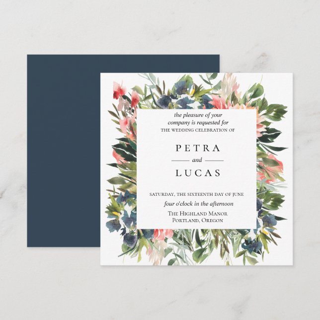 Invitación Boda Botánico de Navy Coral (Anverso / Reverso)