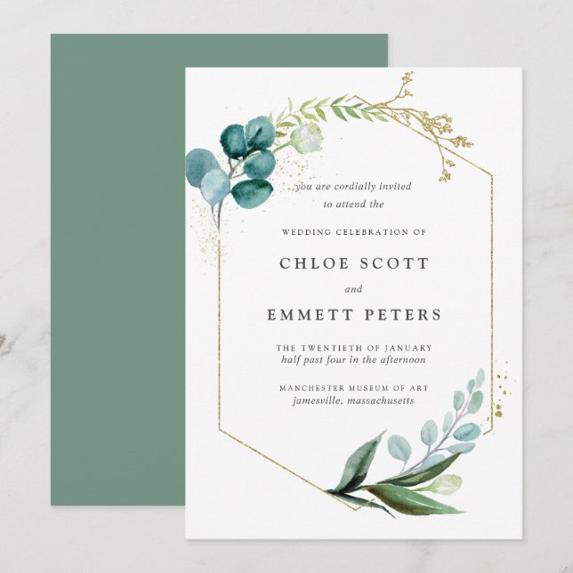 Invitación Boda botánico de oro azul Verde azulado minimalist (Anverso / Reverso)