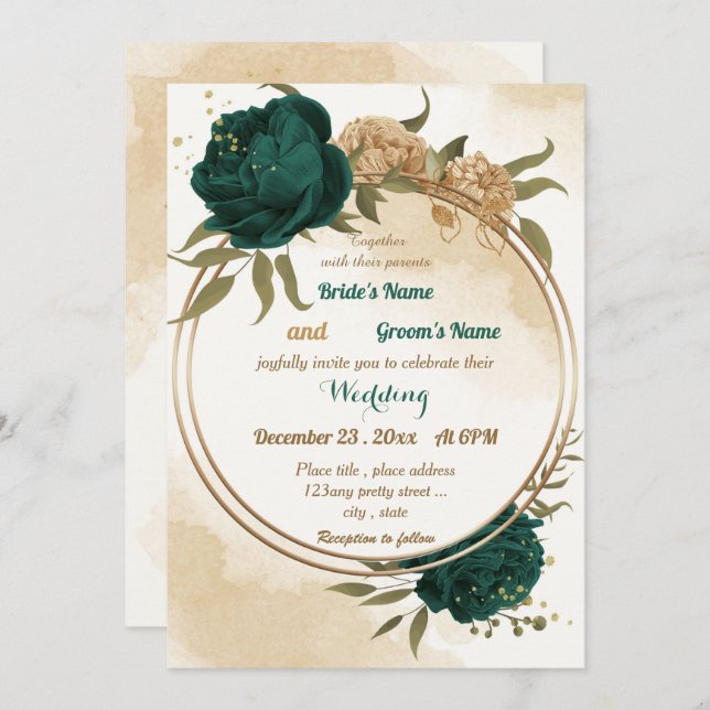 Invitación Boda botánico de oro beige verde esmeralda (Anverso / Reverso)