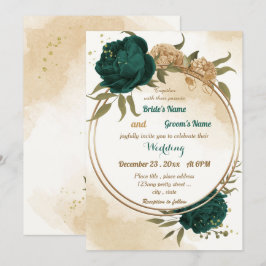Invitación Boda botánico de oro beige verde esmeralda
