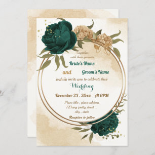 Invitación Boda botánico de oro beige verde esmeralda