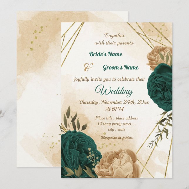 Invitación Boda botánico de oro beige verde esmeralda (Anverso / Reverso)