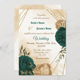 Invitación Boda botánico de oro beige verde esmeralda
