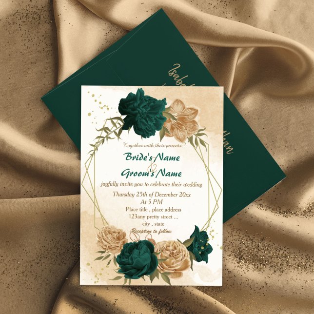 Invitación Boda botánico de oro beige verde esmeralda (Subido por el creador)