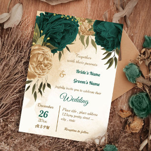 Invitación Boda botánico de oro beige verde esmeralda