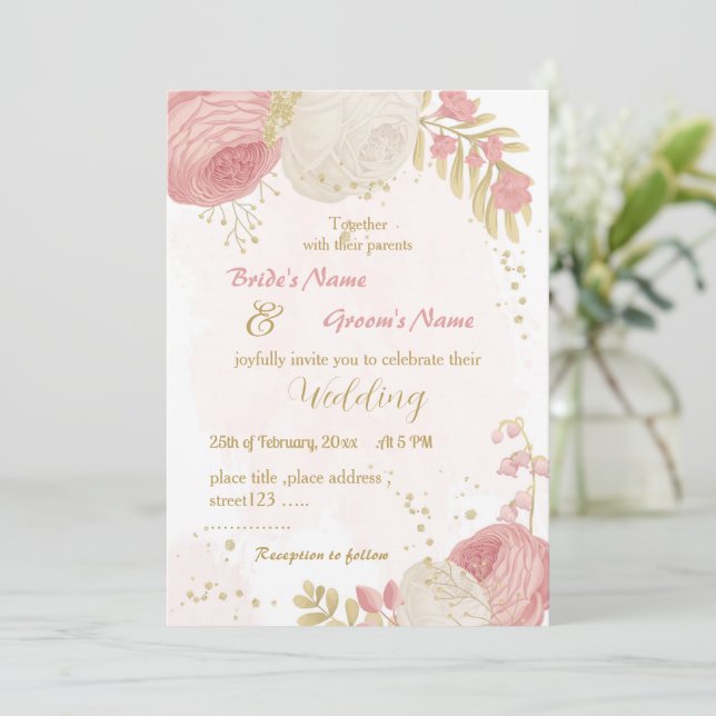 Invitación boda botánico de oro de flores rosas y blancas (Anverso de pie)