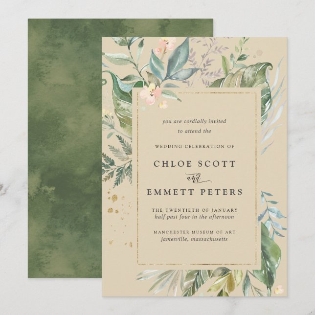 Invitación Boda Botánico de Oro Verde (Anverso / Reverso)