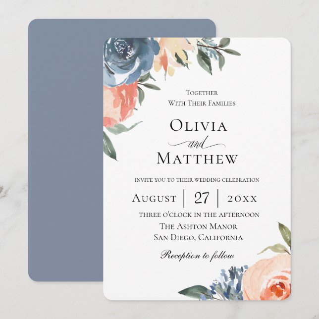 Invitación Boda botánico de pizarra azul (Anverso / Reverso)