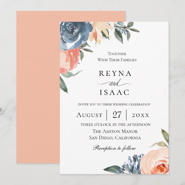 Invitación Boda botánico de pizarra azul (Anverso / Reverso)