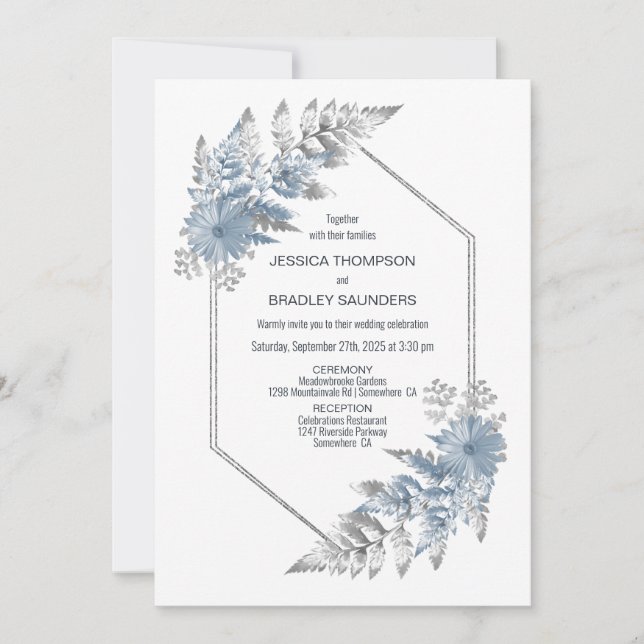 Invitación Boda botánico de plata azul (Anverso)