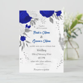 Invitación boda botánico de plata de flores reales azules y b